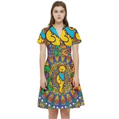 Dead Dancing Bears Grateful Dead Pattern Short Sleeve Waist Detail Dress by Grandong