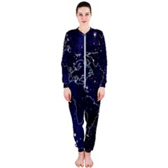 Blue World Map Starry Night Sky World Map Concept Art Onepiece Jumpsuit (ladies)