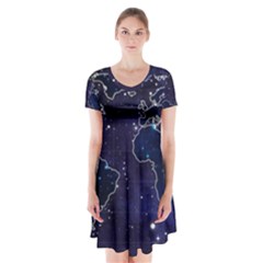 Blue World Map Starry Night Sky World Map Concept Art Short Sleeve V-neck Flare Dress by Loisa77