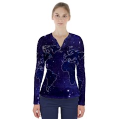 Blue World Map Starry Night Sky World Map Concept Art V-neck Long Sleeve Top by Loisa77