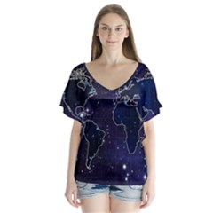 Blue World Map Starry Night Sky World Map Concept Art V-neck Flutter Sleeve Top by Loisa77