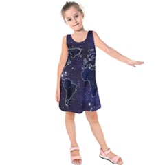 Blue World Map Starry Night Sky World Map Concept Art Kids  Sleeveless Dress by Loisa77