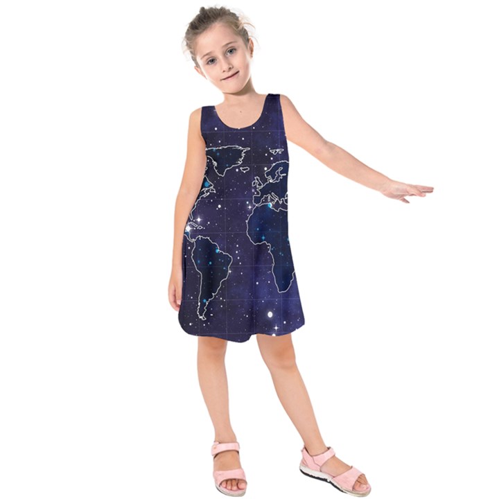 Blue World Map Starry Night Sky World Map Concept Art Kids  Sleeveless Dress