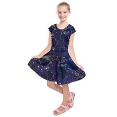 Blue World Map Starry Night Sky World Map Concept Art Kids  Short Sleeve Dress by Loisa77