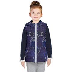 Blue World Map Starry Night Sky World Map Concept Art Kids  Hooded Puffer Vest