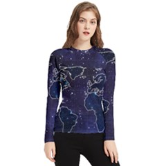 Blue World Map Starry Night Sky World Map Concept Art Women s Long Sleeve Rash Guard by Loisa77