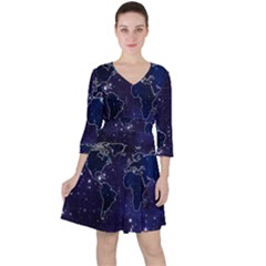 Blue World Map Starry Night Sky World Map Concept Art Quarter Sleeve Ruffle Waist Dress by Loisa77