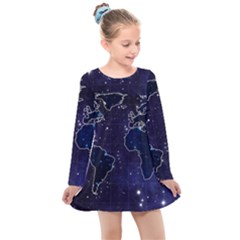 Blue World Map Starry Night Sky World Map Concept Art Kids  Long Sleeve Dress by Loisa77