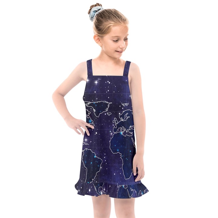 Blue World Map Starry Night Sky World Map Concept Art Kids  Overall Dress