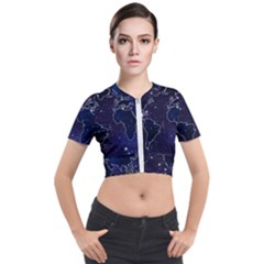 Blue World Map Starry Night Sky World Map Concept Art Short Sleeve Cropped Jacket by Loisa77