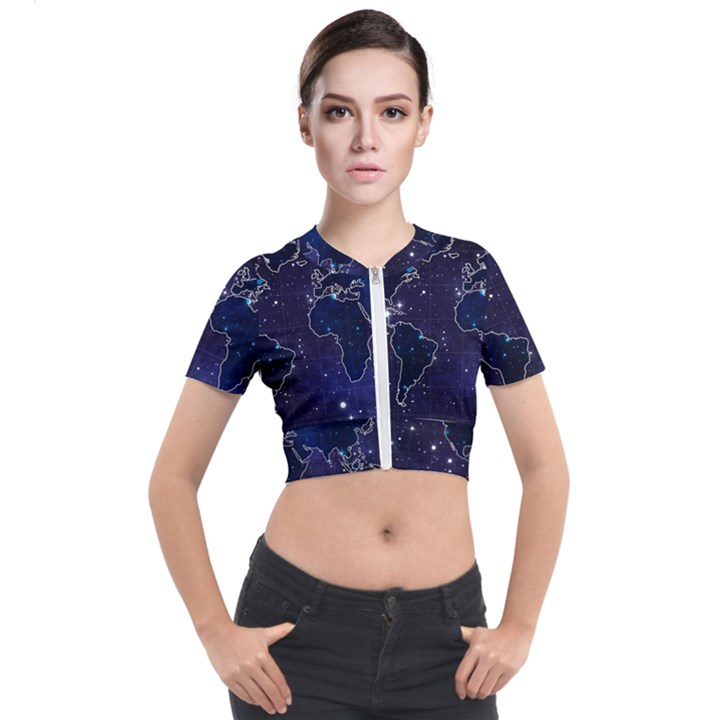 Blue World Map Starry Night Sky World Map Concept Art Short Sleeve Cropped Jacket