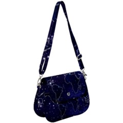 Blue World Map Starry Night Sky World Map Concept Art Saddle Handbag by Loisa77