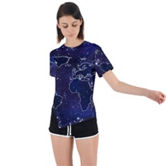 Blue World Map Starry Night Sky World Map Concept Art Asymmetrical Short Sleeve Sports T-shirt by Loisa77