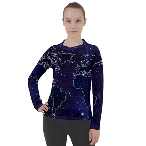 Blue World Map Starry Night Sky World Map Concept Art Women s Pique Long Sleeve T-shirt by Loisa77