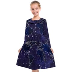 Blue World Map Starry Night Sky World Map Concept Art Kids  Midi Sailor Dress by Loisa77