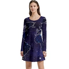 Blue World Map Starry Night Sky World Map Concept Art Long Sleeve Velour Skater Dress by Loisa77