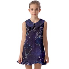 Blue World Map Starry Night Sky World Map Concept Art Kids  Pilgrim Collar Ruffle Hem Dress by Loisa77