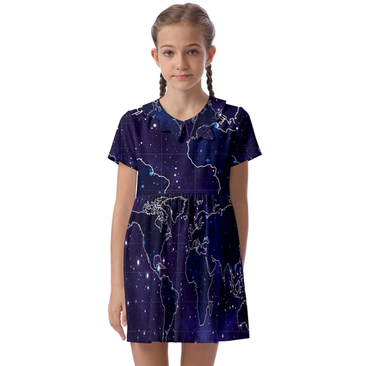 Blue World Map Starry Night Sky World Map Concept Art Kids  Asymmetric Collar Dress