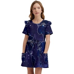 Blue World Map Starry Night Sky World Map Concept Art Kids  Frilly Sleeves Pocket Dress by Loisa77