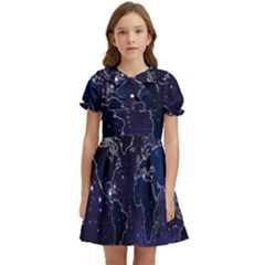 Blue World Map Starry Night Sky World Map Concept Art Kids  Bow Tie Puff Sleeve Dress by Loisa77