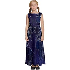 Blue World Map Starry Night Sky World Map Concept Art Kids  Satin Sleeveless Maxi Dress by Loisa77