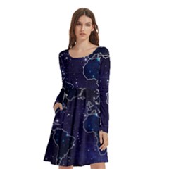 Blue World Map Starry Night Sky World Map Concept Art Long Sleeve Knee Length Skater Dress With Pockets by Loisa77