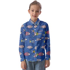 Sea Fish Blue Submarine Animals Kids  Long Sleeve Shirt by Loisa77