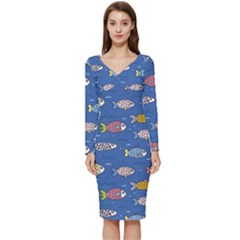 Sea Fish Blue Submarine Animals Long Sleeve V-neck Bodycon Dress  by Loisa77