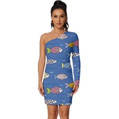 Sea Fish Blue Submarine Animals Long Sleeve One Shoulder Mini Dress