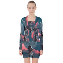 Astronaut Moon Space Nasa Planet V-neck Bodycon Long Sleeve Dress by Loisa77