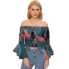 Astronaut Moon Space Nasa Planet Off Shoulder Flutter Bell Sleeve Top