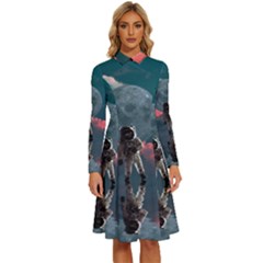 Astronaut Moon Space Nasa Planet Long Sleeve Shirt Collar A-line Dress by Loisa77