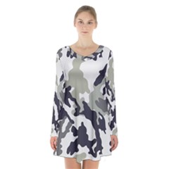 Camo Army Black White Long Sleeve Velvet V-neck Dress