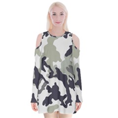 Camo Army Black White Velvet Long Sleeve Shoulder Cutout Dress