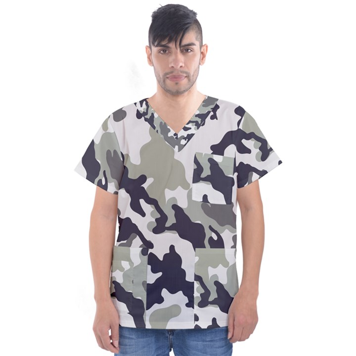 Camo Army Black White Men s V-Neck Scrub Top