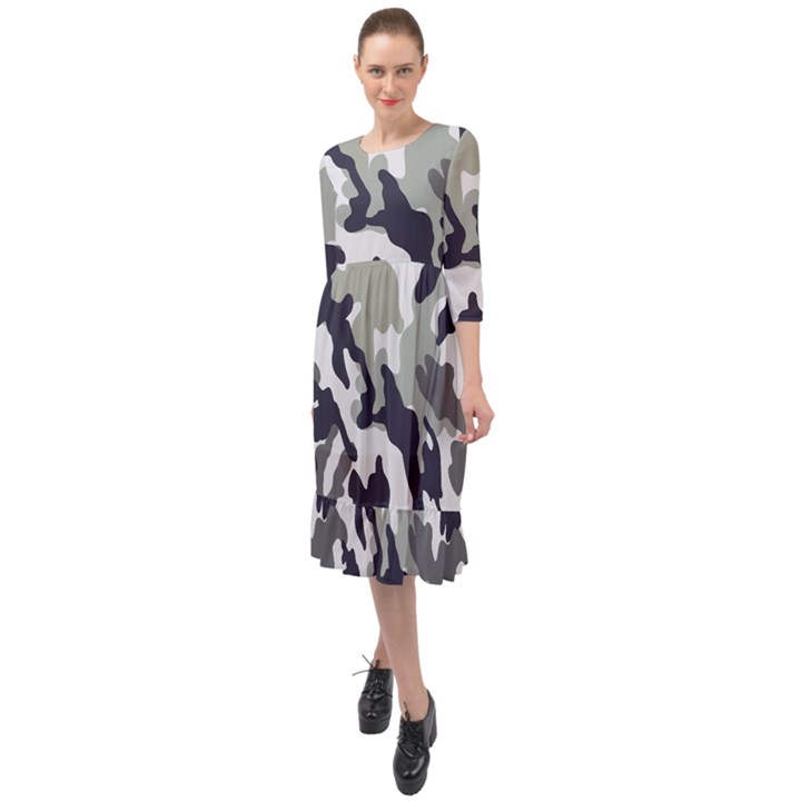 Camo Army Black White Ruffle End Midi Chiffon Dress