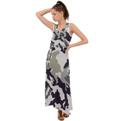 Camo Army Black White V-neck Chiffon Maxi Dress by Loisa77