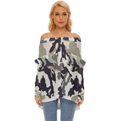 Camo Army Black White Off Shoulder Chiffon Pocket Shirt by Loisa77