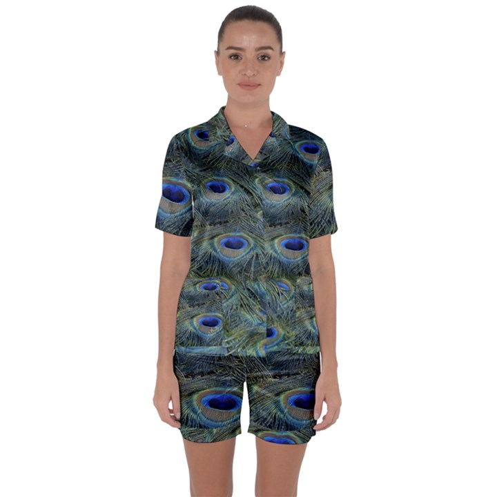 Peacock Feathers Details Satin Short Sleeve Pajamas Set