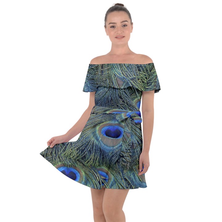 Peacock Feathers Details Off Shoulder Velour Dress