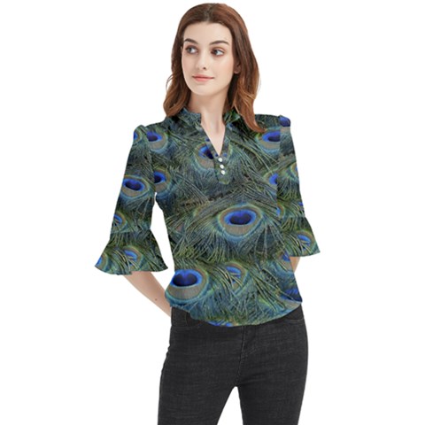 Peacock Feathers Details Loose Horn Sleeve Chiffon Blouse by Loisa77