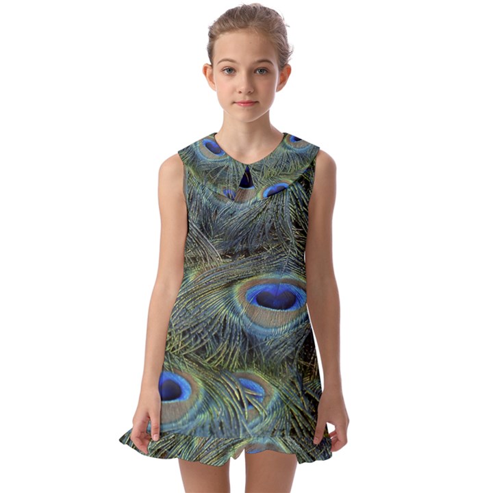 Peacock Feathers Details Kids  Pilgrim Collar Ruffle Hem Dress