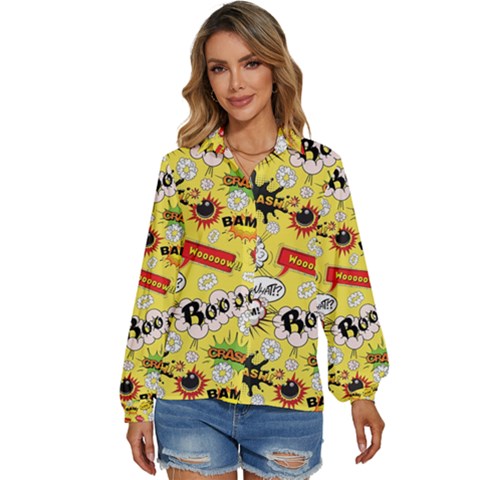 Cartoon Comics Pattern Women s Long Sleeve Button Up Shirt by Loisa77