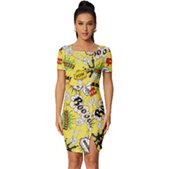 Cartoon Comics Pattern Fitted Knot Split End Bodycon Dress by Loisa77