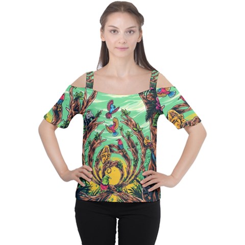 Monkey Tiger Bird Parrot Forest Jungle Style Cutout Shoulder T-shirt by Grandong