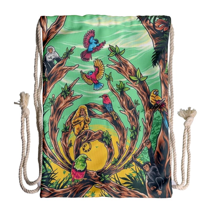 Monkey Tiger Bird Parrot Forest Jungle Style Drawstring Bag (Large)