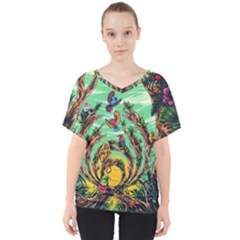 Monkey Tiger Bird Parrot Forest Jungle Style V-neck Dolman Drape Top by Grandong