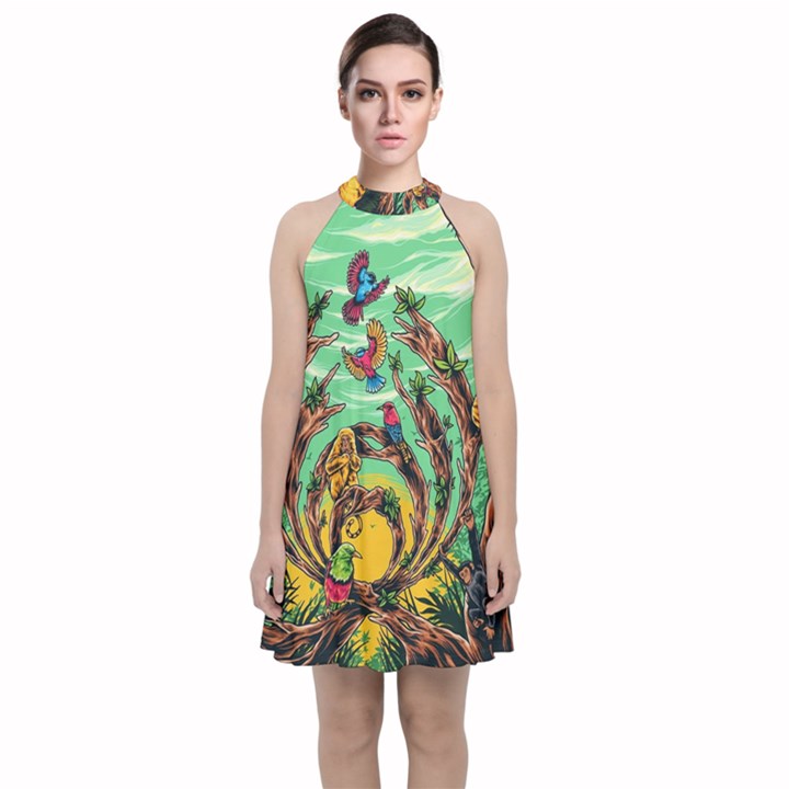 Monkey Tiger Bird Parrot Forest Jungle Style Velvet Halter Neckline Dress 