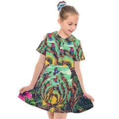 Monkey Tiger Bird Parrot Forest Jungle Style Kids  Short Sleeve Shirt Dress by Grandong