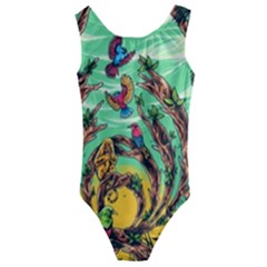 Monkey Tiger Bird Parrot Forest Jungle Style Kids  Cut-out Back One Piece Swimsuit by Grandong